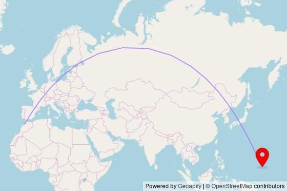 A map showing the great circle route from Rabat in Morocco to a map pin at Beneniem Church, Weno Main Road, Weno, FM 96942, United States of America