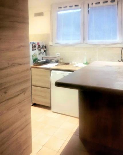 Une cuisine en bois clair, avec des murs blancs et des meubles en hauteur en bois clair. Il y a une fenêtre au milieu, un double évier sur la droite et au milieu un lave-vaisselle. À gauche un bout de meuble de rangement en bois clair au premier plan et le petit frigidaire en arrière plan.