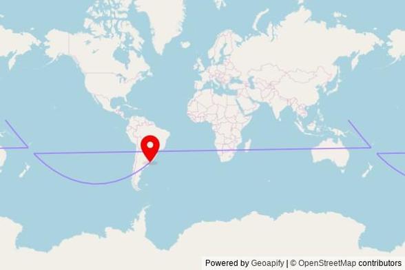 A map showing the great circle route from Weno in Micronesia to a map pin at Parroquía Stella Maris, Doctor Gabriel Otero 6489, 11500 Montevideo, Uruguay