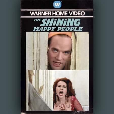 A videocassette box that says The Shining Happy People with pictures of Michael Stipe from REM and Kate Pierson from The B 52s
