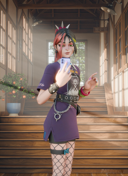 Helsie from Fortnite posing for a selfie in the school halls. 