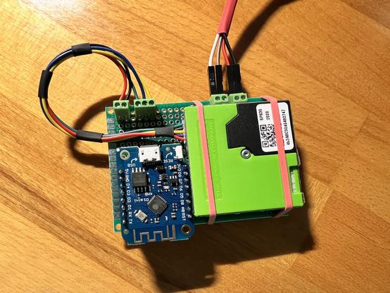 Close up of my Air Quality Monitor with an ESP8086 (D1 Mini) and an Sensirion SPS30.

One of my friends told me it looks like a bomb. :-)
