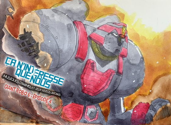 Giant Robo dans les décombres d’une grande structure.