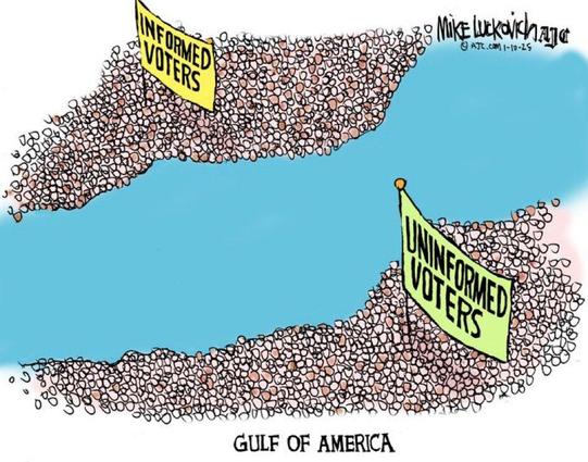 Cartoon by Mike Luckovich 

A body of water is shown with crowds along the shores on two sides of it.

It is labeled, "GULF OF AMERICA"
On one side is a mass of "INFORMED VOTERS".
On the other side is a mass of "UNINFORMED VOTERS."

