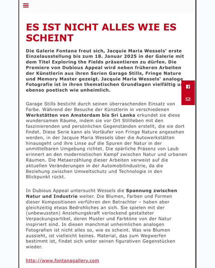 Publication in the German magazine Photographie about the exhibition “Exploring the Fields” by Jacquie Maria Wessels at Galerie Fontana Amsterdam