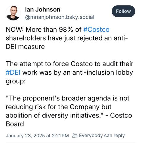 NOW: More than 98% of #Costco shareholders have just rejected an anti-DEI measure

The attempt to force Costco to audit their #DEI work was by an anti-inclusion lobby group:

"The proponent's broader agenda is not reducing risk for the Company but abolition of diversity initiatives." - Costco Board