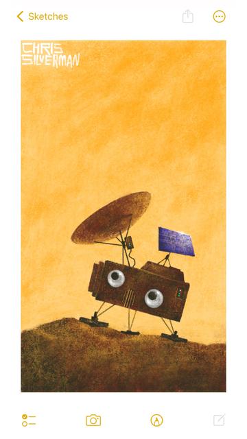 An uneven brown desert surface sits under a reddish-orange Martian sky. A small brown Mars lander sits on the surface. The lander has three feet, a large parabolic dish aimed at the sky, and a smaller blue solar panel. Two large googly eyes are stuck on the side of the Mars lander. There is a ventilation slot on the side of the lander as well. The eyes are oriented up and to the left.