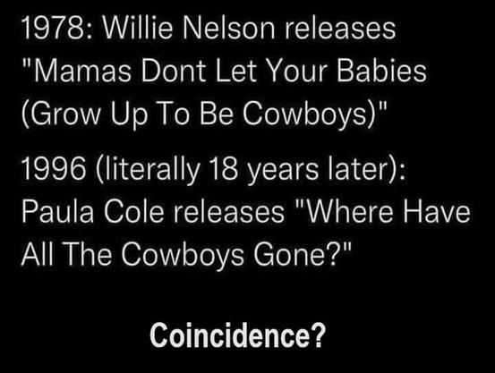 A meme that reads 1978 Willie Nelson releases Mamas Dont Let Your Babies Grow Up To Be Cowboys 1996 literally 18 years later Paula Cole releases Where Have All the Cowboys Gone Coincidence?