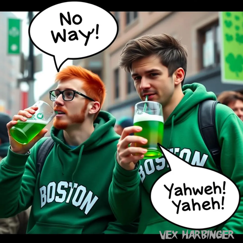 The image shows two young men wearing green Boston sweatshirts with the word "Boston" written on them. They are standing on a street with buildings in the background. The man on the left has red hair and is wearing glasses. He is holding a green drink in his hand and appears to be drinking from it. The other man is looking at the drink with a serious expression on his face. There are two speech bubbles above the two men, one with the text "No way!" and the other with the same text. The text in the speech bubbles reads "Yahweh! Yaheh!" basically making a "local joke".