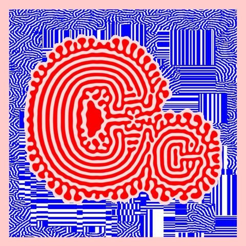 A bold colourful letter C treated with a reaction diffusion simulation
