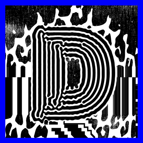 A bold colourful letter D treated with a reaction diffusion simulation