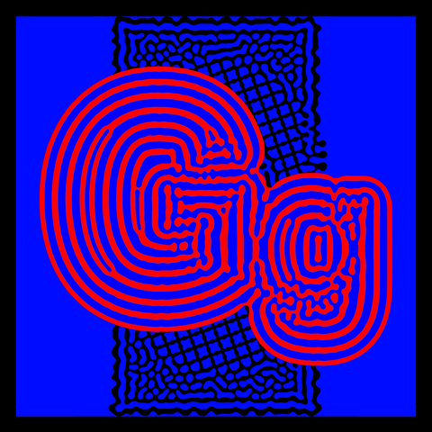 A bold colourful letter G treated with a reaction diffusion simulation
