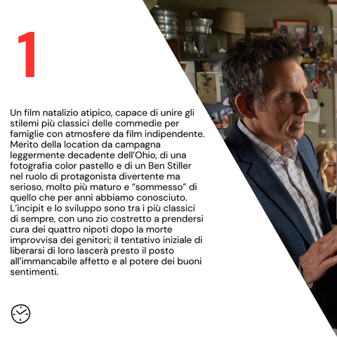 Un film natalizio atipico, capace di unire gli stilemi più classici delle commedie per famiglie con atmosfere da film indipendente. Merito della location da campagna leggermente decadente dell’Ohio, di una fotografia color pastello e di un Ben Stiller nel ruolo di protagonista divertente ma serioso, molto più maturo e “sommesso” di quello che per anni abbiamo conosciuto. L’incipit e lo sviluppo sono tra i più classici di sempre, con uno zio costretto a prendersi cura dei quattro nipoti dopo la morte improvvisa dei genitori; il tentativo iniziale di liberarsi di loro lascerà presto il posto all’immancabile affetto e al potere dei buoni sentimenti.

