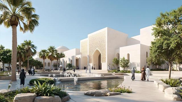 Monumental complex with echoes of Arab tradition
The pointed arches bestow a sense of timelessness in the space, of grandeur without excess.