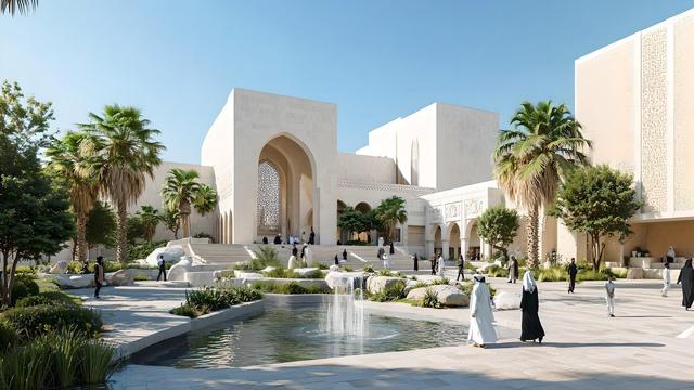 Monumental complex with echoes of Arab tradition
The pointed arches bestow a sense of timelessness in the space, of grandeur without excess.
