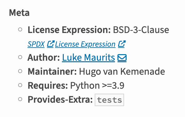 PyPI metadata showing "License Expression: BSD-3-Clause" with links to more info about SPDX and about License Expressions.