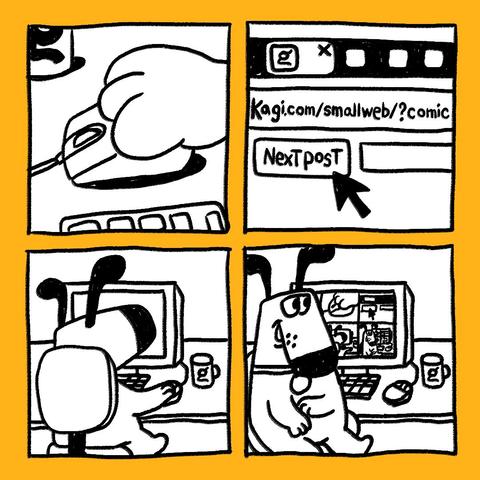 Illustration depicting the spirit of small web comics, showing a hand-drawn comic panel featuring Kagi's mascot Doggo clicking "Next Post" on the Small Web interface 