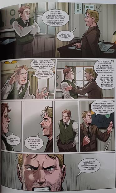 Página de la novela gráfica que resalta la obsesión de Von Braun por el avance en sus investigaciones a pesar del contexto de la Alemania nazi en la que las desarrolló.