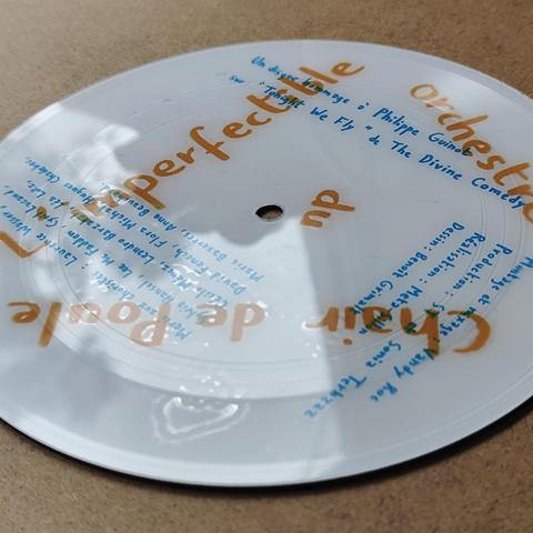 Surface du picture-disc, face B. Les noms des participants au disque sont notés au feutre bleu sur fond blanc. Le nom "L'imperfectible Orchestre du Chair de Poule" est noté au feutre orange. Détail.