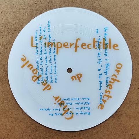 Surface du picture-disc, face B. Les noms des participants au disque sont notés au feutre bleu sur fond blanc. Le nom "L'imperfectible Orchestre du Chair de Poule" est noté au feutre orange. Vue d'ensemble.