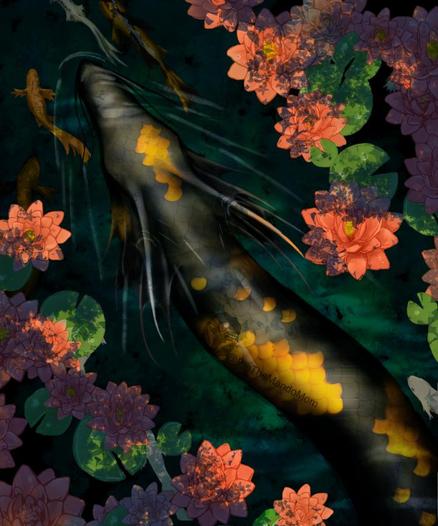 A black and gold water dragon slowly swims through some lilly pads with a school of koi fish