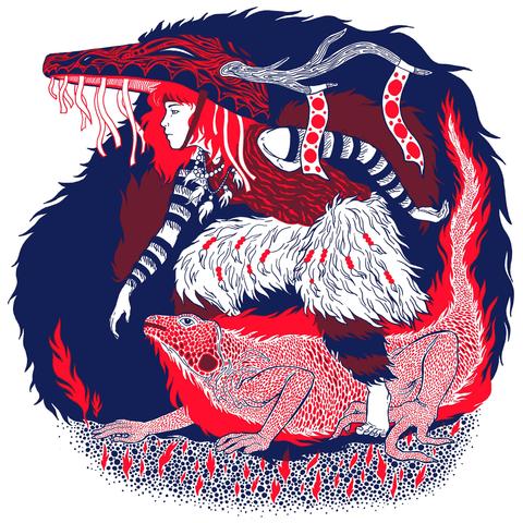 Cette illustration en deux couleurs (rouge et bleu foncé) représente une femme dansant. Elle porte une coiffe inspirée d’un animal et une tenue en fourrure. Un lézard rouge se trouve sous elle. Ce visuel a été créé pour une impression en sérigraphie.