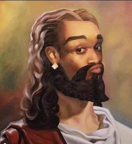 A merging of meme and sacred art: A stylized portrait of Jesus with long, curly hair and a prominent beard, wearing a white garment and adorned with a single earring. The background features blurred, vibrant colors. He’s giving a look that says “you sure about that?” 