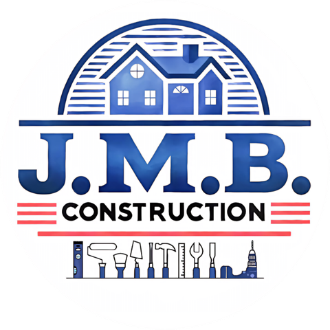 Logo de l'entreprise J.M.B. Construction, représentant le nom de l'entreprise en bleu souligné et encadré de lignes rouges, surplombé d'une maison dans un arc de cercle et en dessous une ligne horizontale dont dépasse des outils, dans l'ordre de gauche à droite : un niveau à bulle bleu, un rouleau à peinture blanc au manche bleu, un pinceau blanc au manche bleu, une truelle blanche au manche bleu, un tournevis blanc au manche bleu, un marteau blanc au manche bleu, une règle blanche, une clef blanche au manche bleu, un ciseau à bois blanc au manche bleu et enfin une perceuse bleue avec la vis et les serrages blancs.