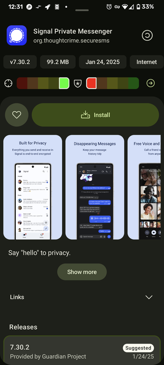 Screen shot from an Android phone, of the Signal app install page on the NeoStore app