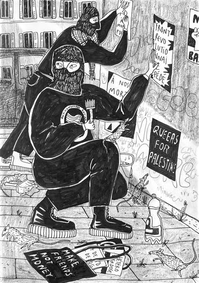 Dessin de deux personnages collant des affiches la nuit, "Vive les PD, mort aux PDG", "Front révolutionnaire PD" et "Queers for Palestine"