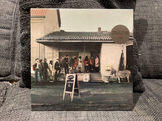 Das Album steht auf einem Sofa und zeigt eine bunte Truppe Menschen, die am Konsum anstehen. Links ist ein Briefkasten an der Hauswand, vor dem ein Esel steht und wartet.