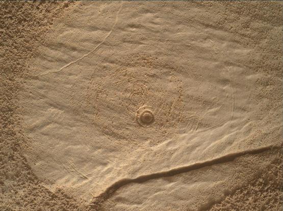 An ochre tone photography of a low relief abraded Martian rock.