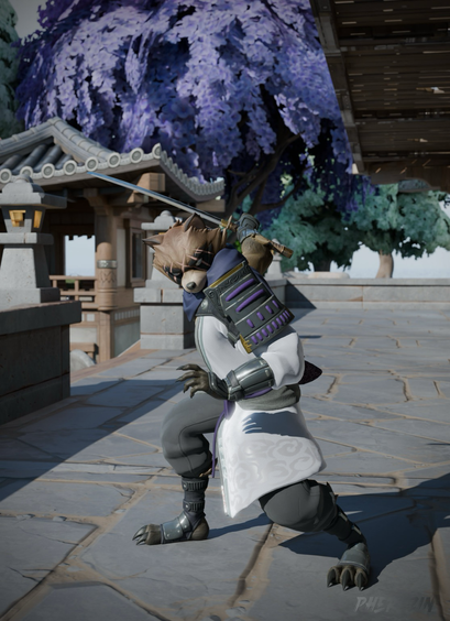 A tanuki welding a katana like a bad ass. 