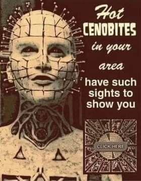 A satirical local singles ad showing  female cenobite from the Hellraiser movie next to the text "Hot Cenobites in your area have such sights to show you."