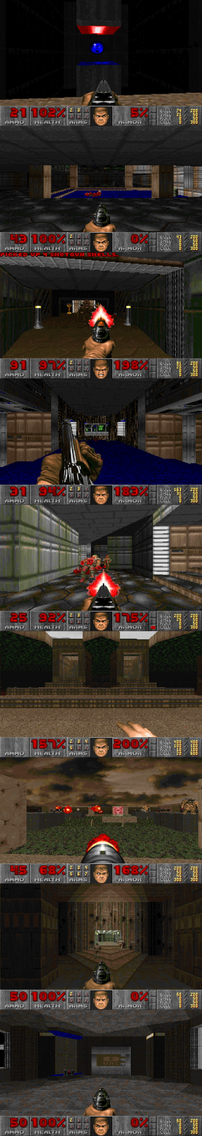 9 assorted screenshots from DOOM 1 & 2, stacked vertically