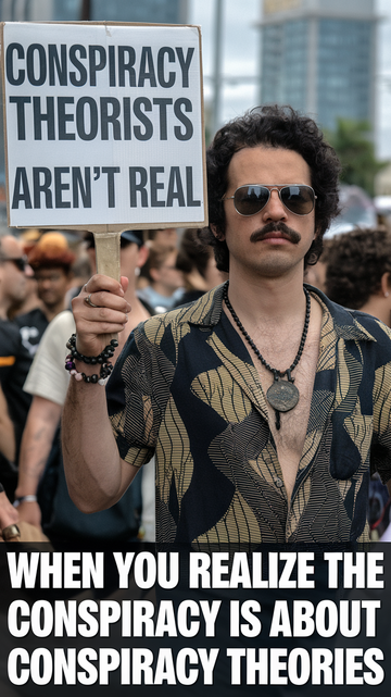 A photo of a man with sunglasses and a mustache, wearing a patterned shirt and a necklace. He is holding a sign that says "Conspiracy Theorists Aren't Real". The background is a crowd of people. There is a meme text overlay that says "When you realize the conspiracy is about conspiracy theories".