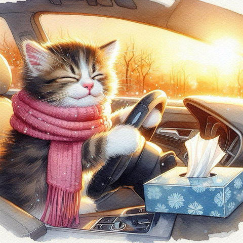 冬の陽光に包まれ、くしゃみの衝動と闘う子猫の運転手。