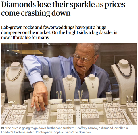 
The Observer
Retail industry
Diamonds lose their sparkle as prices come crashing down
Lab-grown rocks and fewer weddings have put a huge dampener on the market. On the bright side, a big dazzler is now affordable for many
‘The price is going to go down further and further’: Geoffrey Farrow, a diamond jeweller in London’s Hatton Garden. Photograph: Sophia Evans/The Observer