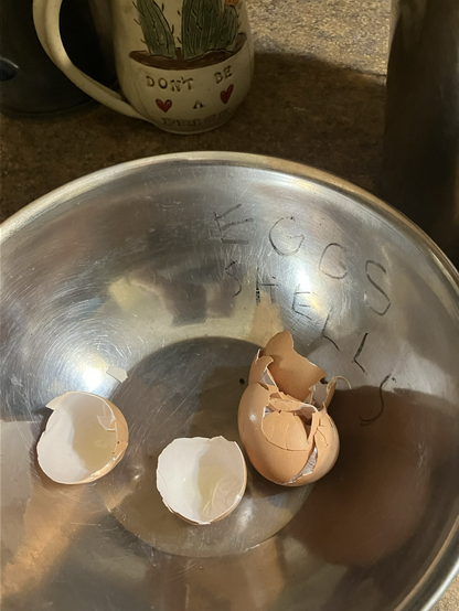 Steel bowl with empty cracked eggshells and grease pen note that says “EGGS SHELLS”