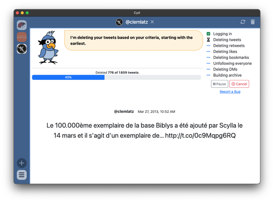 Une capture d'écran de l'application Cyd en train de supprimer des tweets.