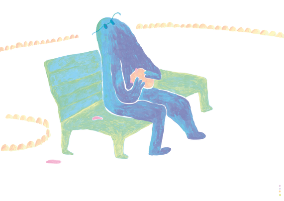 Une peinture digitale aux couleurs pastels un peu forcées. Un personnage bleu est assis sur un banc de couleur bleu-vert. Iel tient dans ses mains un morceau de pain rosâtre qui s'apparente à un sandwich ou à un pan bagnat ou à un kebab. Il y a des morceaux qui sont tombés sur le banc ou bien ce sont les restes d'un sandwich de quelqu'un d'autre, on sait pas. L'attitude du personnage n'est pas facile à analyser. Iel tend la tête vers le haut, soit dans une posture de contentement, soit dans un état de stress. Ses jambes dont les genoux sont orientés vers l'intérieur semble indiquer que le personnage n'est pas détendu.e. Le jardin public n'est pas dessiné, on voit juste des petites bordures qui délimitent un peu l'espace. La bordure derrière le personnage peut faire penser à des dents ou à un piège à loup mais ce n'est sans doute pas intentionnel.