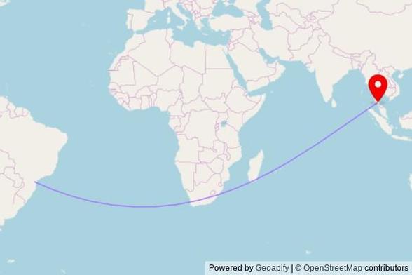 A map showing the great circle route from Colombo in Brazil to a map pin at wat champawanaram, Asian Highway, Thung Song, Thailand