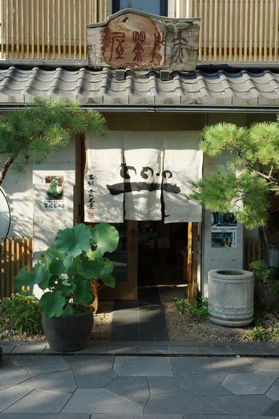 A store front of a japanese café in Uji. There are multiple potted plants in front of it. It is very sunny.