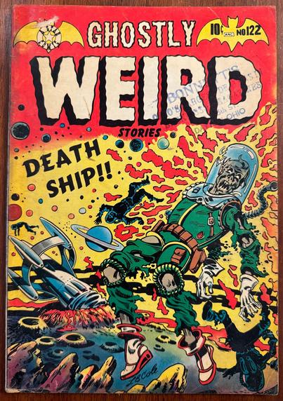 A photo of an old sci-fi/horror comic book. Ghostly Weird Stories 122, cover art by L. B. cole, published by Star Comics in 1954. The title story on the cover is called "Death Ship."
L.B. Cole was known for his use of bright, bold, and garish color combinations. This cover features a dead astronaut and crew floating in space, alongside the debris of their crashed rocketship, smashed into the surface of a heavily cratered asteroid or small moon. The crewmembers suits are shredded, bubble helmets cracked open, and their bodies are dessicated as if they've been there for a very long time.
