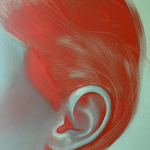 A closer look at the portrait— the ear and parts of the hair. I scrape the paint off in some places with a flourish.