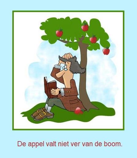 🍏 De appel valt niet ver van de boom. 🌳
🍏 English: The apple never falls far from the tree./ The apple does not fall far from the tree. 🌳
🍏 Français: La pomme ne tombe jamais (bien) loin du pommier. / La pomme ne tombe jamais (bien) loin de l’arbre. 🌳
🍏 Deutsch: Der Apfel fällt nicht weit vom Stamm. 🌳
