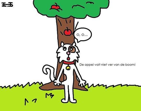 🍏 De appel valt niet ver van de boom. 🌳
🍏 English: The apple never falls far from the tree./ The apple does not fall far from the tree. 🌳
🍏 Français: La pomme ne tombe jamais (bien) loin du pommier. / La pomme ne tombe jamais (bien) loin de l’arbre. 🌳
🍏 Deutsch: Der Apfel fällt nicht weit vom Stamm. 🌳
