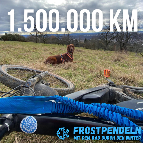 Fahrrad auf Wiese liegend, im Hintergrund ein Hund. Text darüber: 1.500.000 km, unten im eck das frostpendeln loho