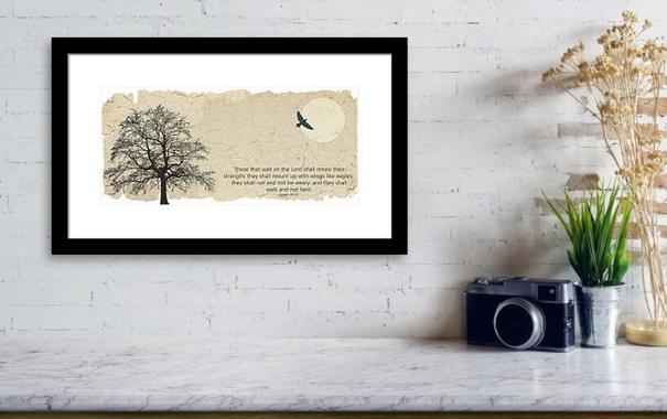 Landscape in light cream color with a black tree and silhouette and a Bible verse by artist Sharon Cummings.