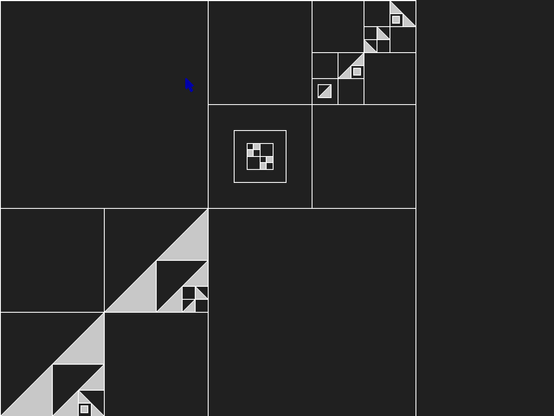 light grey geometric figures like rectangles and triangles nested into each other on a dark grey background. They are accentuated by bright white lines around them.